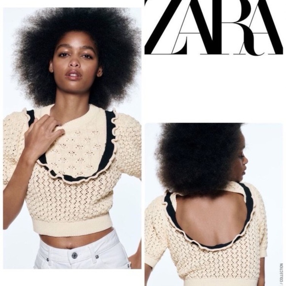 Zara Cream Crochet Knit Black Ruffle Crop Top Open back Size M NWOT